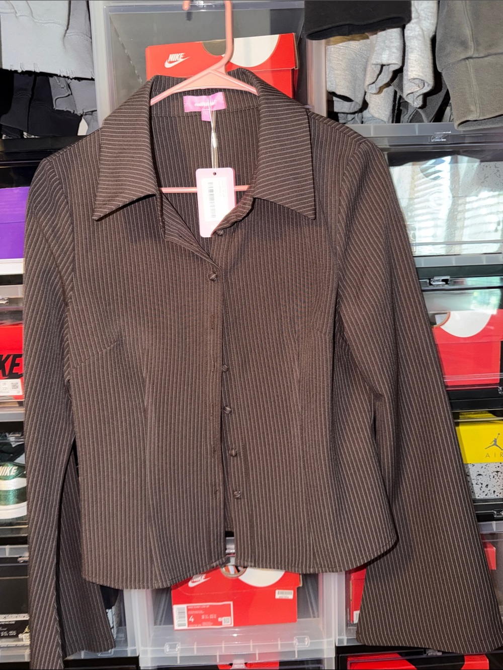 Edikted Brown Pinstripe Button-Down Shirt